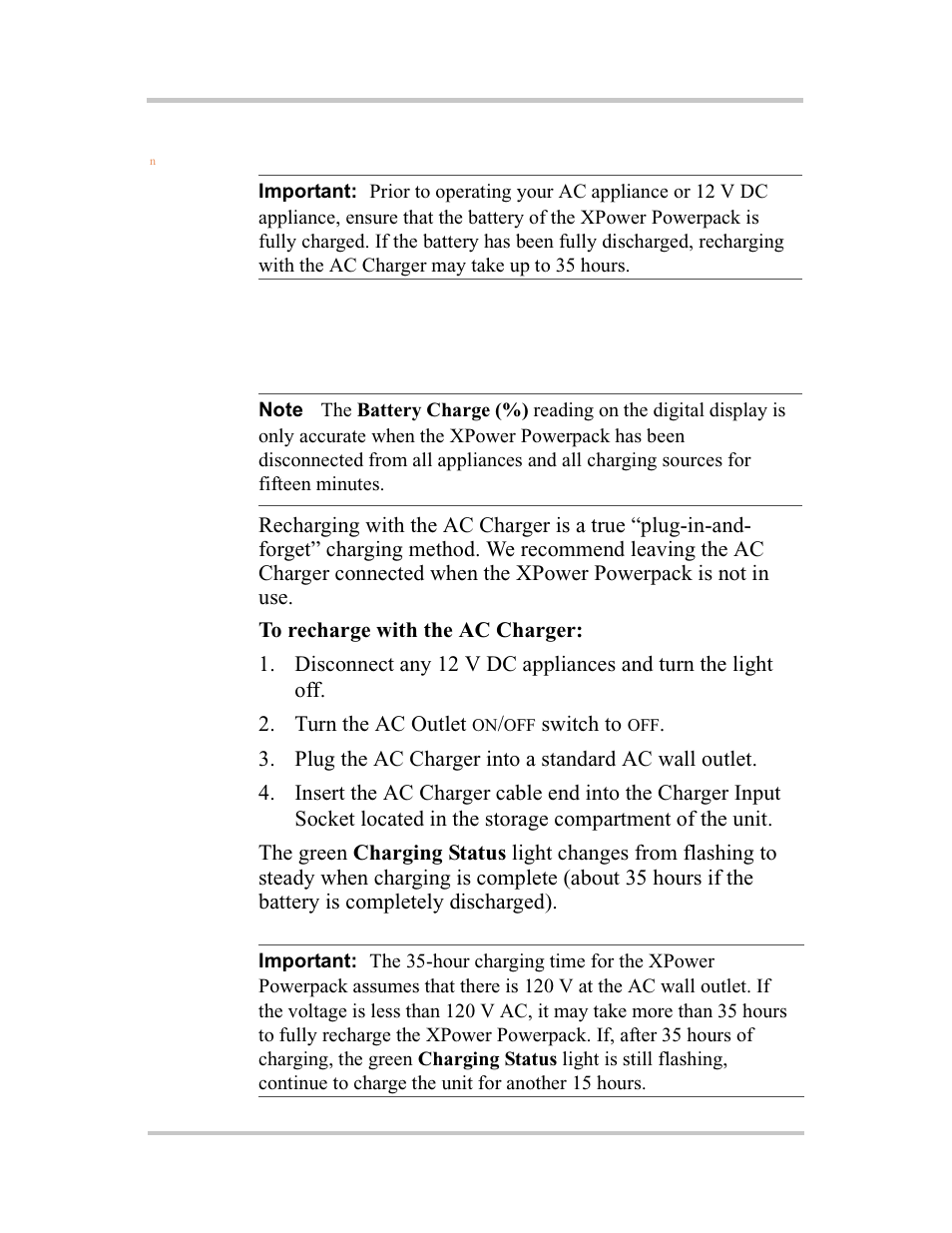 First time use, Recharging with the ac charger, Using xpower powerpack for the first time | Xantrex Technology 400R User Manual | Page 29 / 74