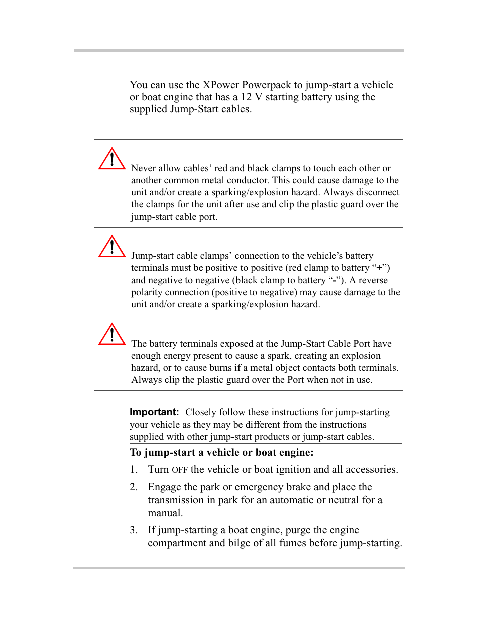 Jump-starting a vehicle’s engine, Warning: fire hazard, Warning: risk of explosion, fire or burns | Xantrex Technology 400R User Manual | Page 36 / 74