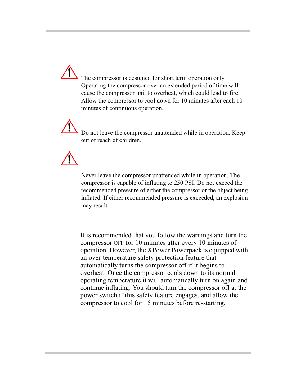 Using the air compressor, Over-temperature safety protection, Warning: fire hazard | Xantrex Technology 400R User Manual | Page 38 / 74