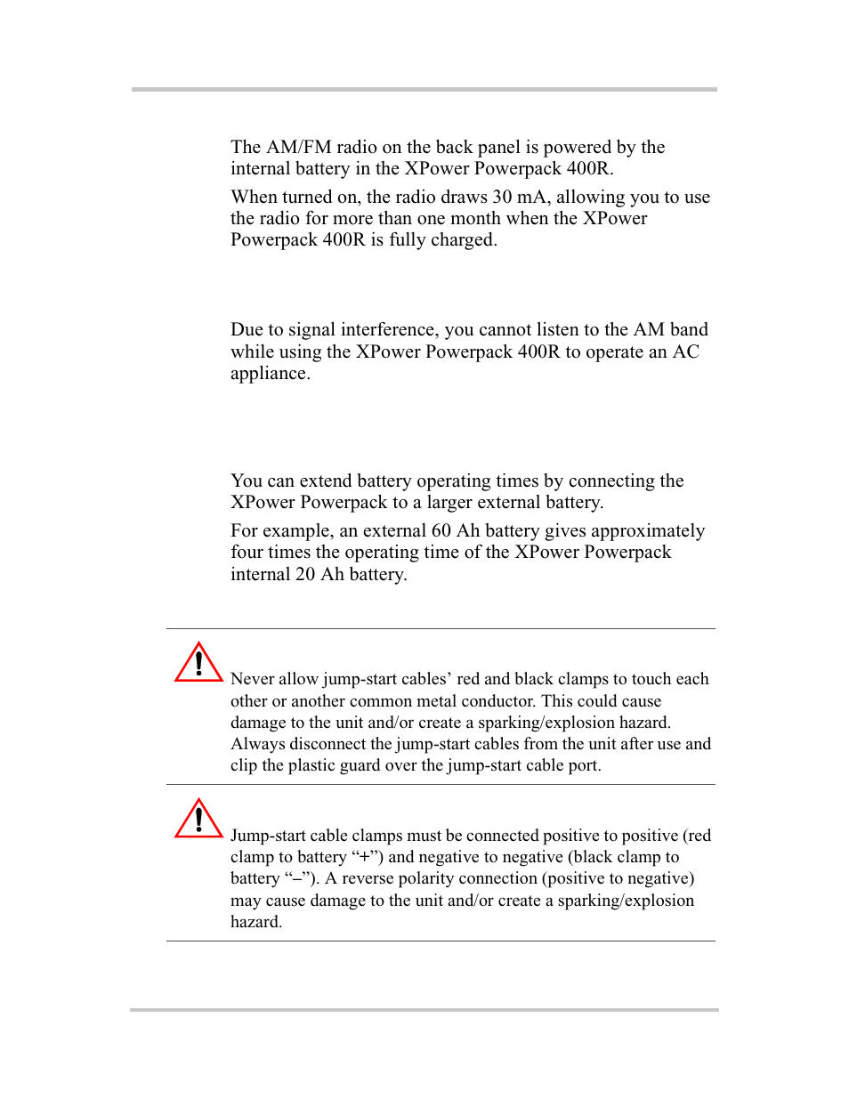 Connecting to an external battery, Power draw, Listening to the am band | Warning: fire hazard | Xantrex Technology 400R User Manual | Page 42 / 74