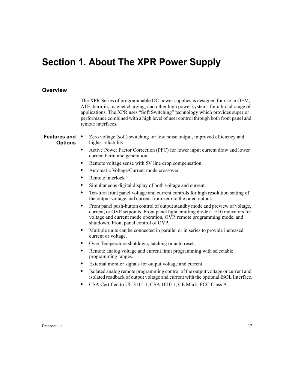 Section 1. about the xpr power supply, Overview, Features and options | Section 1. about the xpr power supply | Xantrex Technology XPR 150-40 User Manual | Page 19 / 80