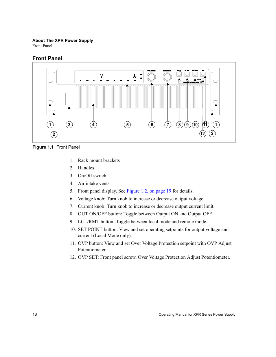 Front panel, Figure 1.1 front panel, Rack mount brackets | Handles, On/off switch, Air intake vents, Figure 1.1 | Xantrex Technology XPR 150-40 User Manual | Page 20 / 80