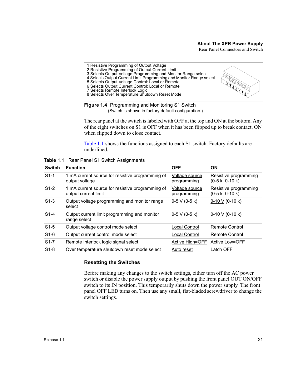 Figure 1.4 programming and monitoring s1 switch, Switch is shown in factory default configuration.), Resetting the switches | Table 1.1, Rear panel s1 switch assignments, Figure 1.4, Programming and monitoring s1 switch | Xantrex Technology XPR 150-40 User Manual | Page 23 / 80