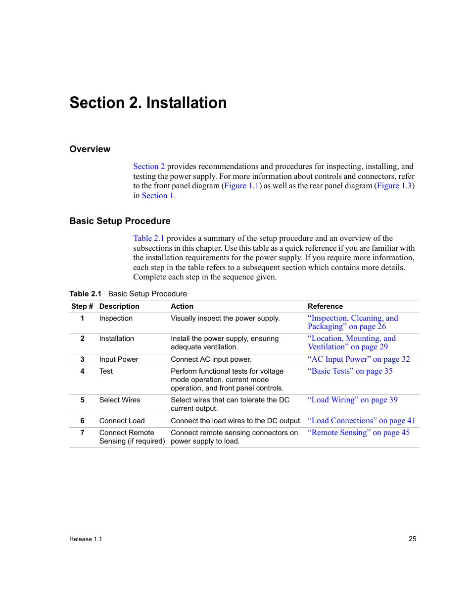 Section 2. installation, Overview, Basic setup procedure | Section 2. installation, Overview basic setup procedure, Table 2.1 | Xantrex Technology XPR 150-40 User Manual | Page 27 / 80
