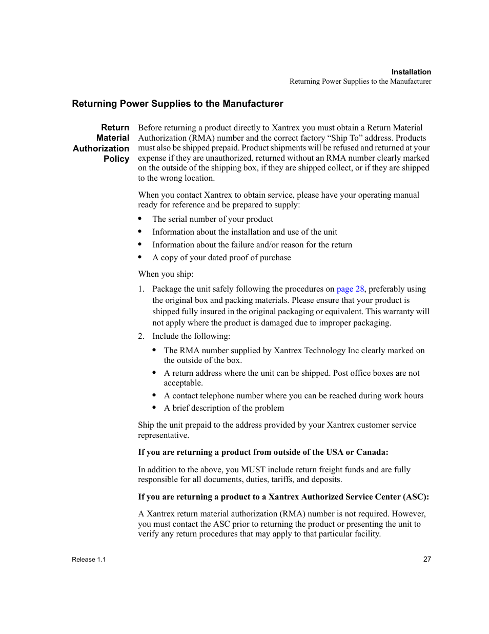 Returning power supplies to the manufacturer, Return material authorization policy, Include the following | Xantrex Technology XPR 150-40 User Manual | Page 29 / 80
