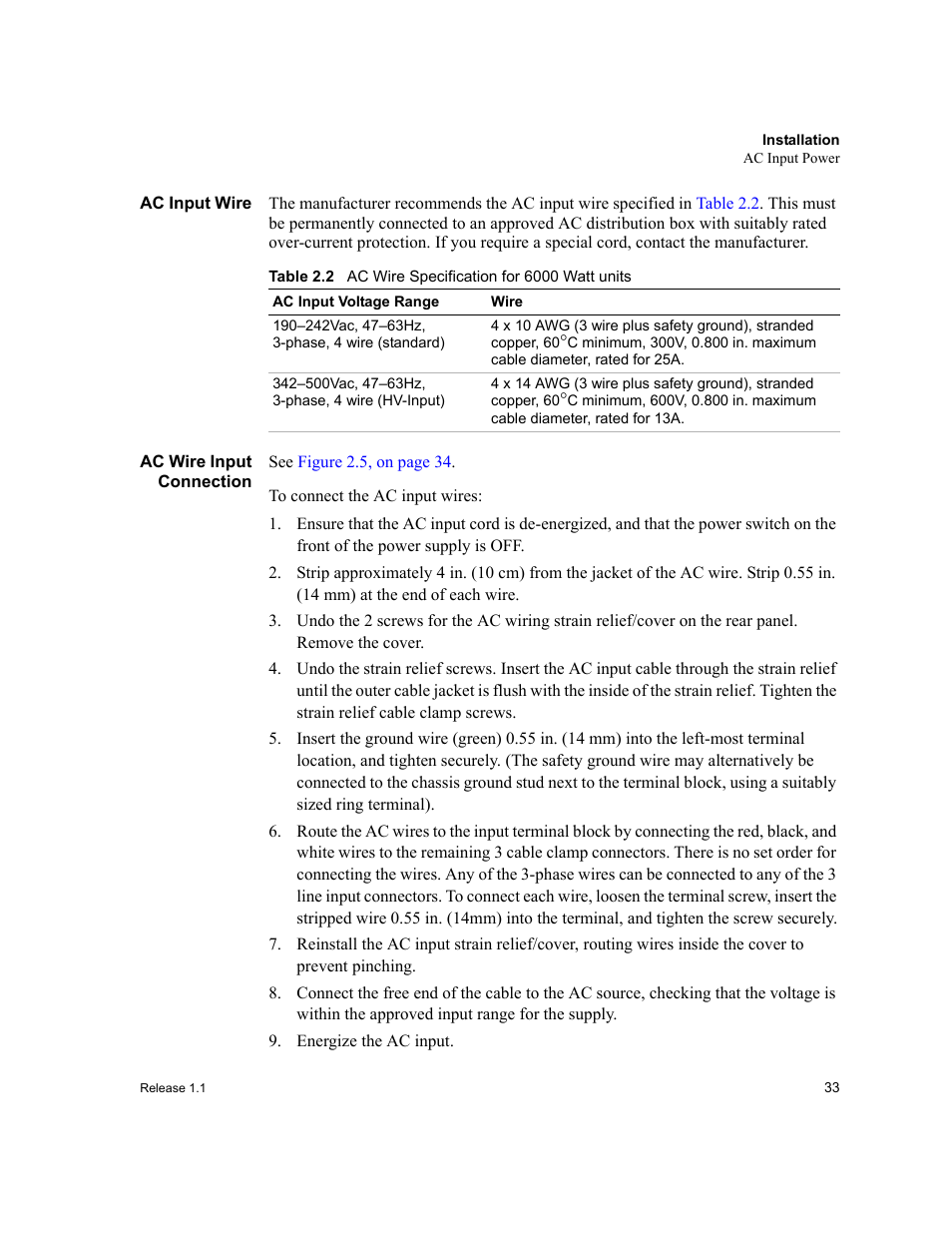 Ac input wire, Ac wire input connection, Energize the ac input | Ac input wire ac wire input connection, Table 2.2, Ac wire specification for 6000 watt units | Xantrex Technology XPR 150-40 User Manual | Page 35 / 80