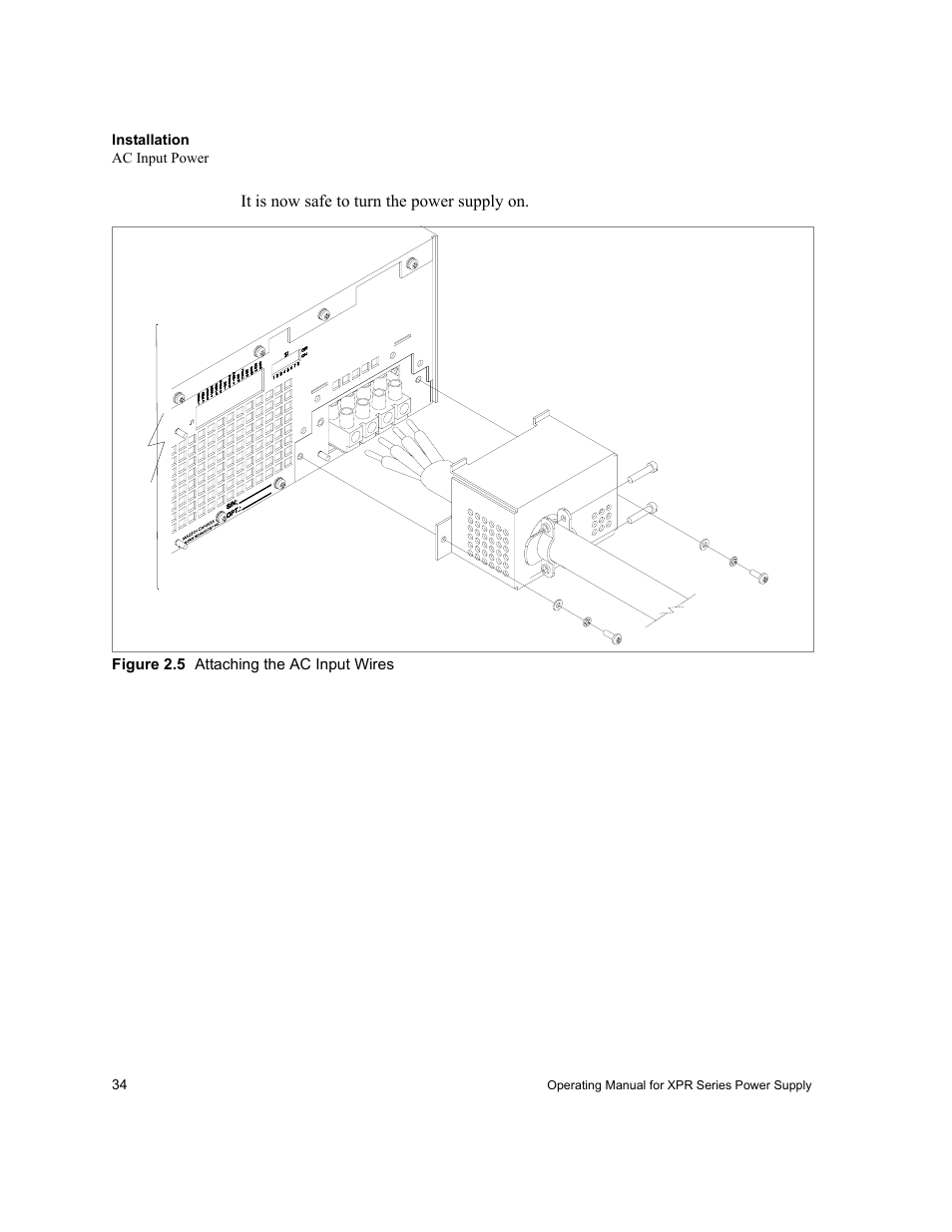 Figure 2.5 attaching the ac input wires, Figure 2.5, Attaching the ac input wires | Xantrex Technology XPR 150-40 User Manual | Page 36 / 80