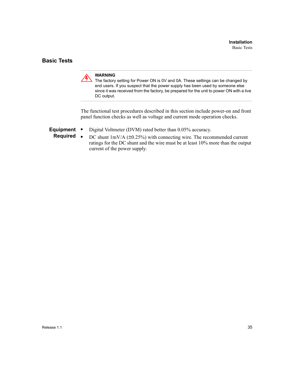 Basic tests, Equipment required | Xantrex Technology XPR 150-40 User Manual | Page 37 / 80