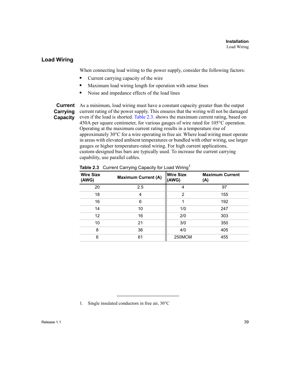 Load wiring, Current carrying capacity, Table 2.3 | Current carrying capacity for load wiring | Xantrex Technology XPR 150-40 User Manual | Page 41 / 80