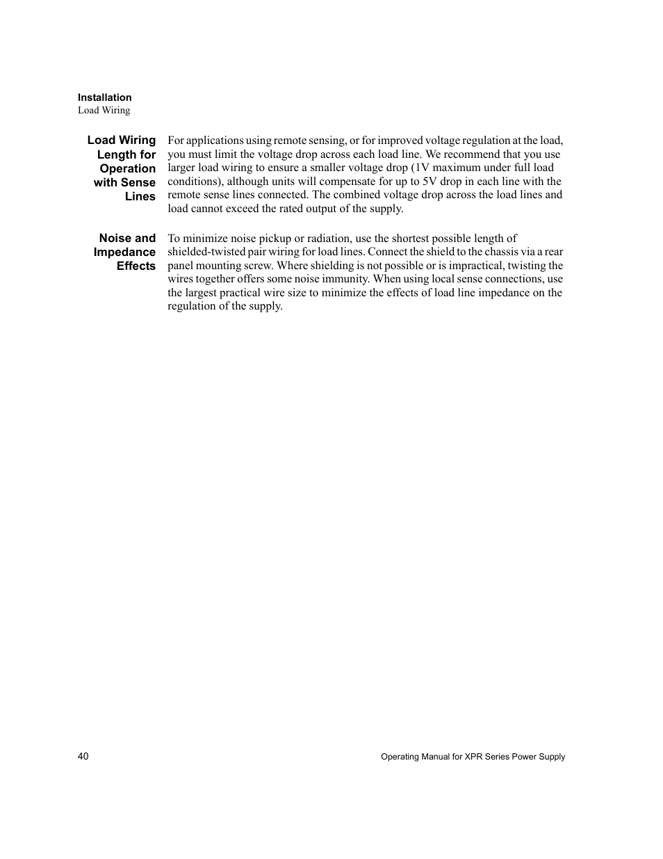 Load wiring length for operation with sense lines, Noise and impedance effects | Xantrex Technology XPR 150-40 User Manual | Page 42 / 80