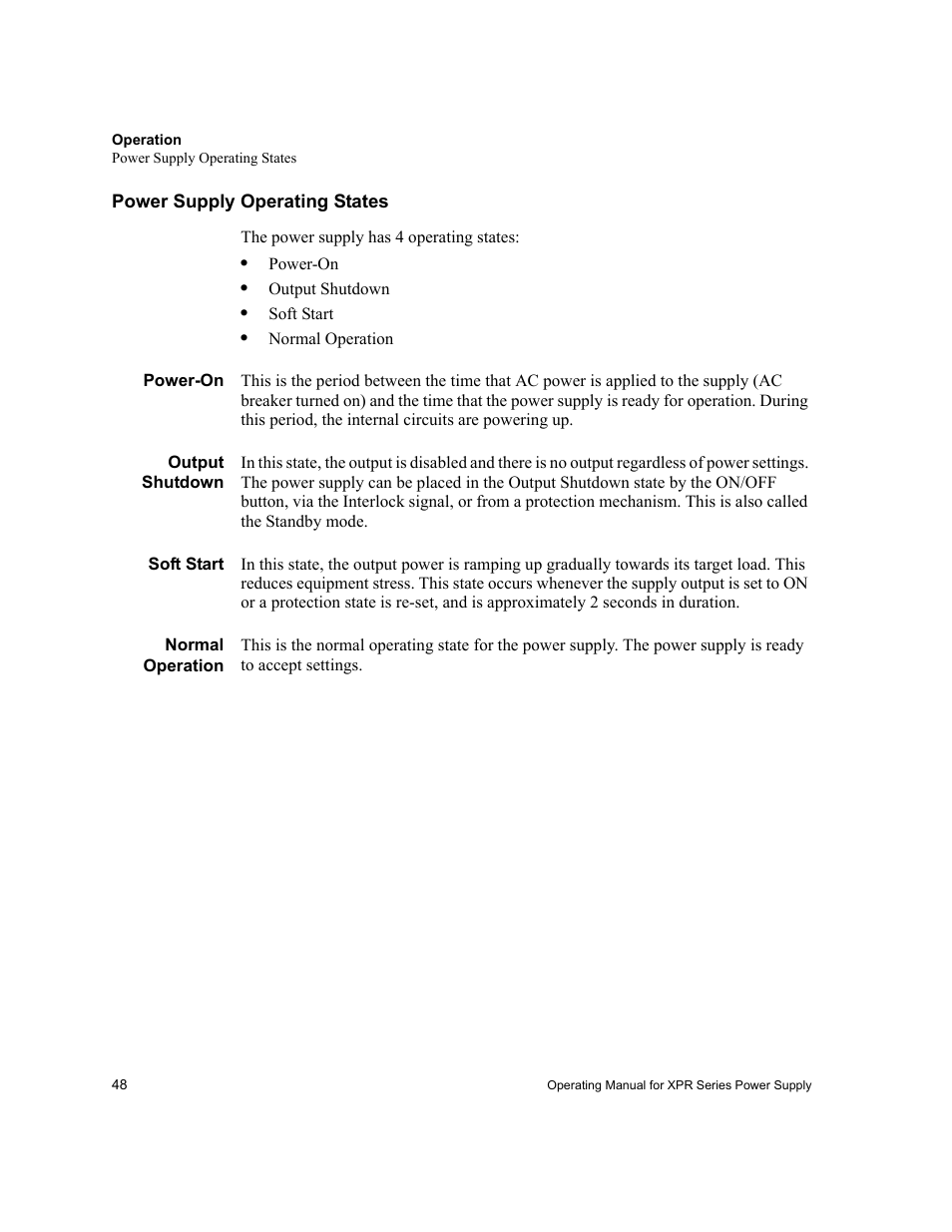 Power supply operating states, Power-on, Output shutdown | Soft start, Normal operation | Xantrex Technology XPR 150-40 User Manual | Page 50 / 80