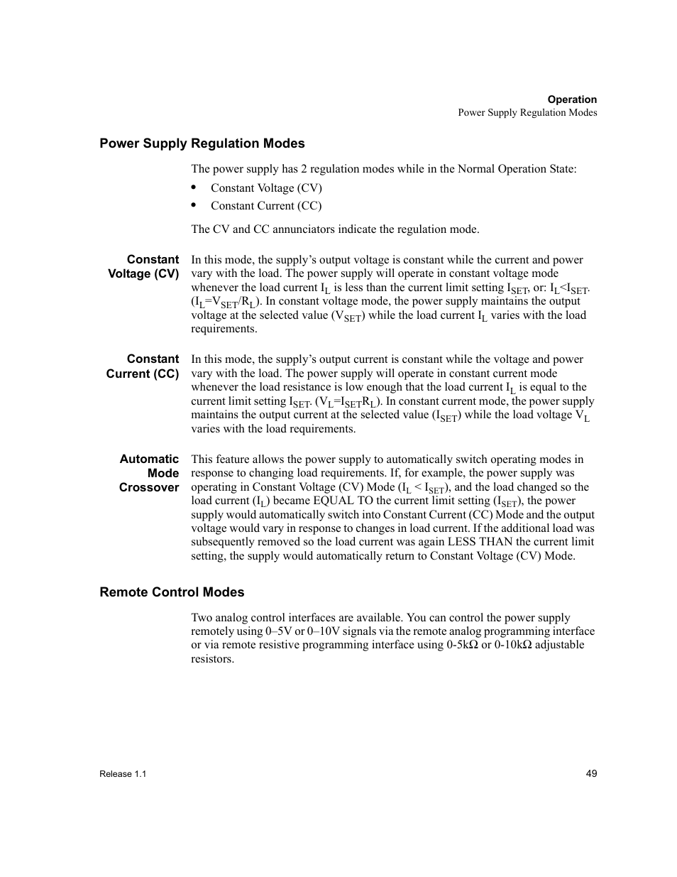 Power supply regulation modes, Constant voltage (cv), Constant current (cc) | Automatic mode crossover, Remote control modes | Xantrex Technology XPR 150-40 User Manual | Page 51 / 80