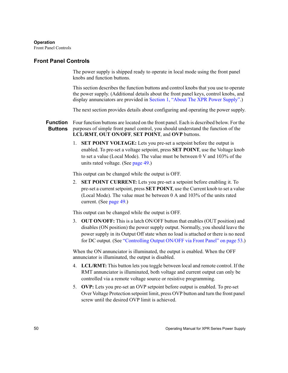 Front panel controls, Function buttons | Xantrex Technology XPR 150-40 User Manual | Page 52 / 80
