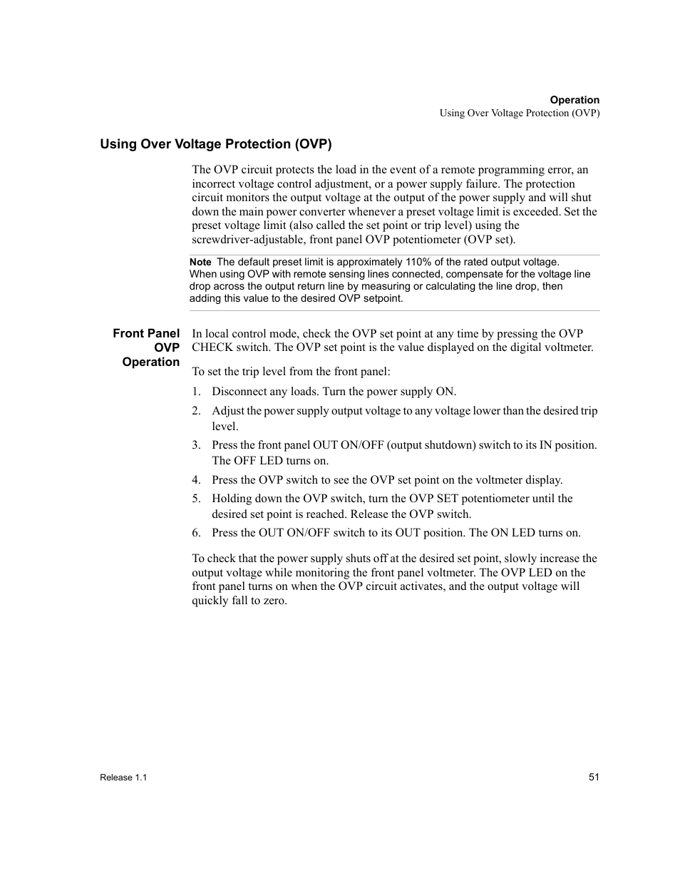 Using over voltage protection (ovp), Note, Front panel ovp operation | Disconnect any loads. turn the power supply on | Xantrex Technology XPR 150-40 User Manual | Page 53 / 80