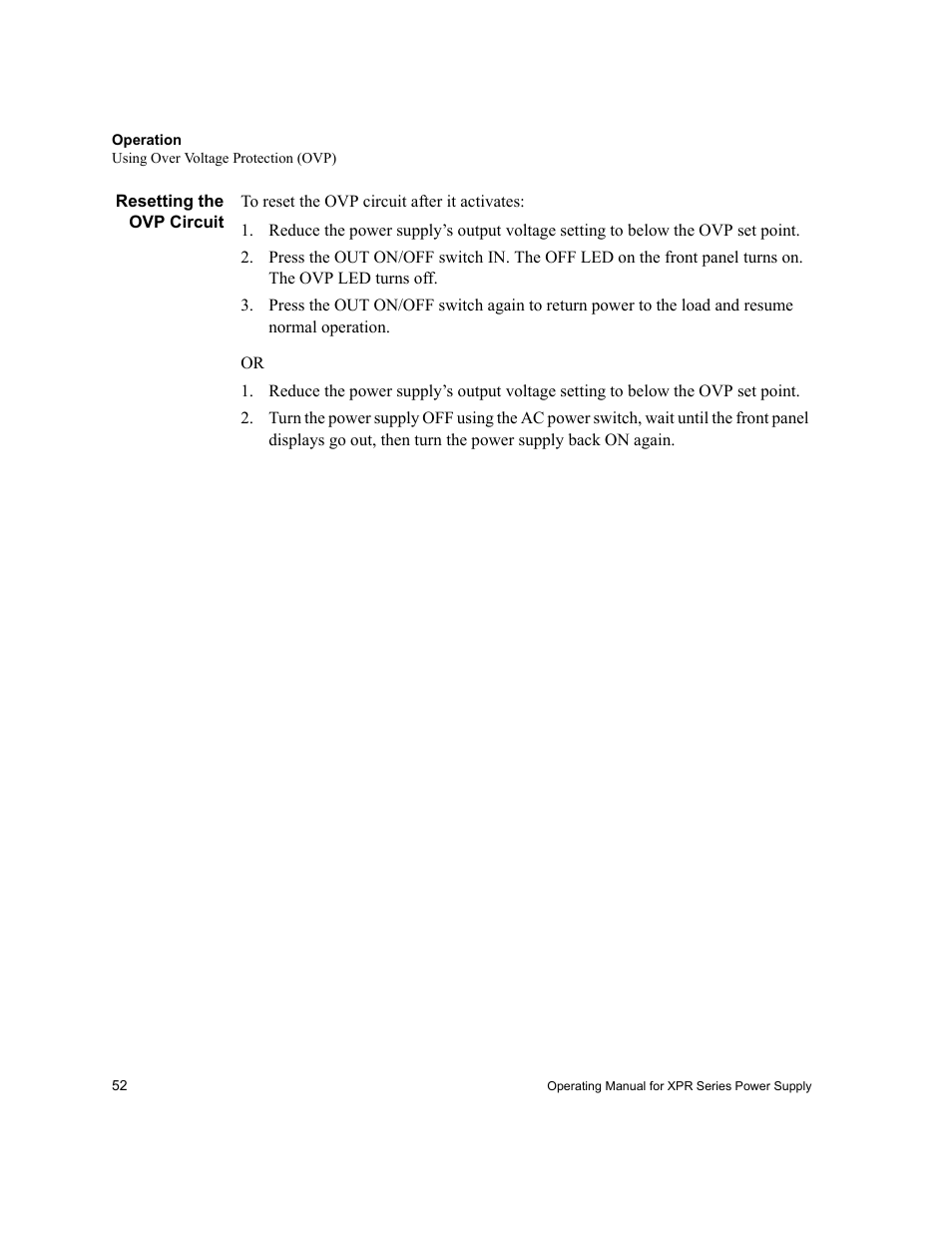 Resetting the ovp circuit | Xantrex Technology XPR 150-40 User Manual | Page 54 / 80