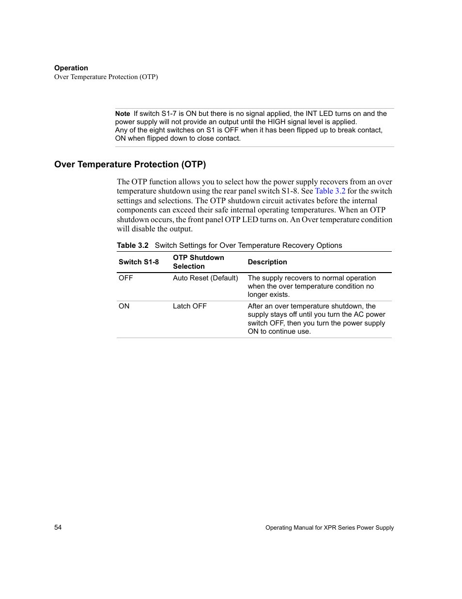 Note, Over temperature protection (otp), Table 3.2 | Xantrex Technology XPR 150-40 User Manual | Page 56 / 80