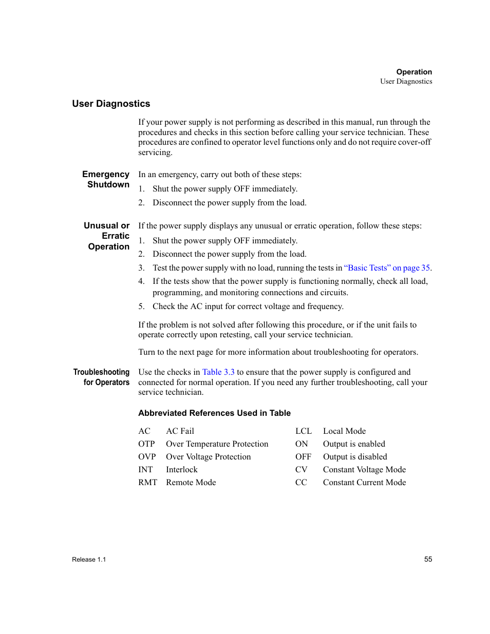 User diagnostics, Emergency shutdown, Shut the power supply off immediately | Disconnect the power supply from the load, Unusual or erratic operation, Troubleshooting for operators, Abbreviated references used in table | Xantrex Technology XPR 150-40 User Manual | Page 57 / 80