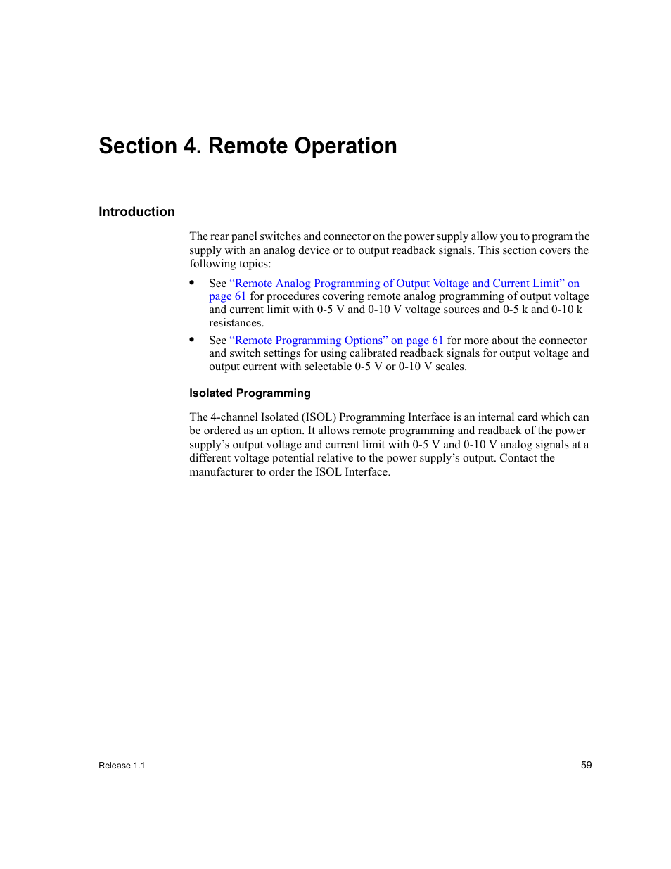 Section 4. remote operation, Introduction, Isolated programming | Section 4. remote operation, Section 4 | Xantrex Technology XPR 150-40 User Manual | Page 61 / 80