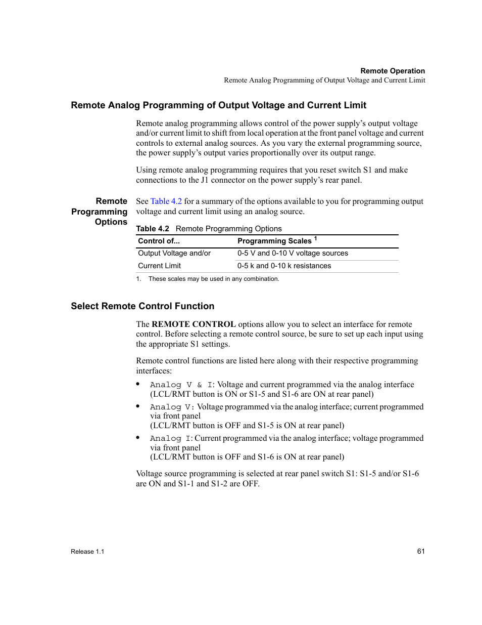 Remote programming options, Select remote control function, Table 4.2 | Xantrex Technology XPR 150-40 User Manual | Page 63 / 80