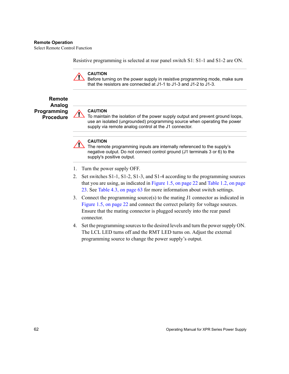 Remote analog programming procedure, Turn the power supply off | Xantrex Technology XPR 150-40 User Manual | Page 64 / 80