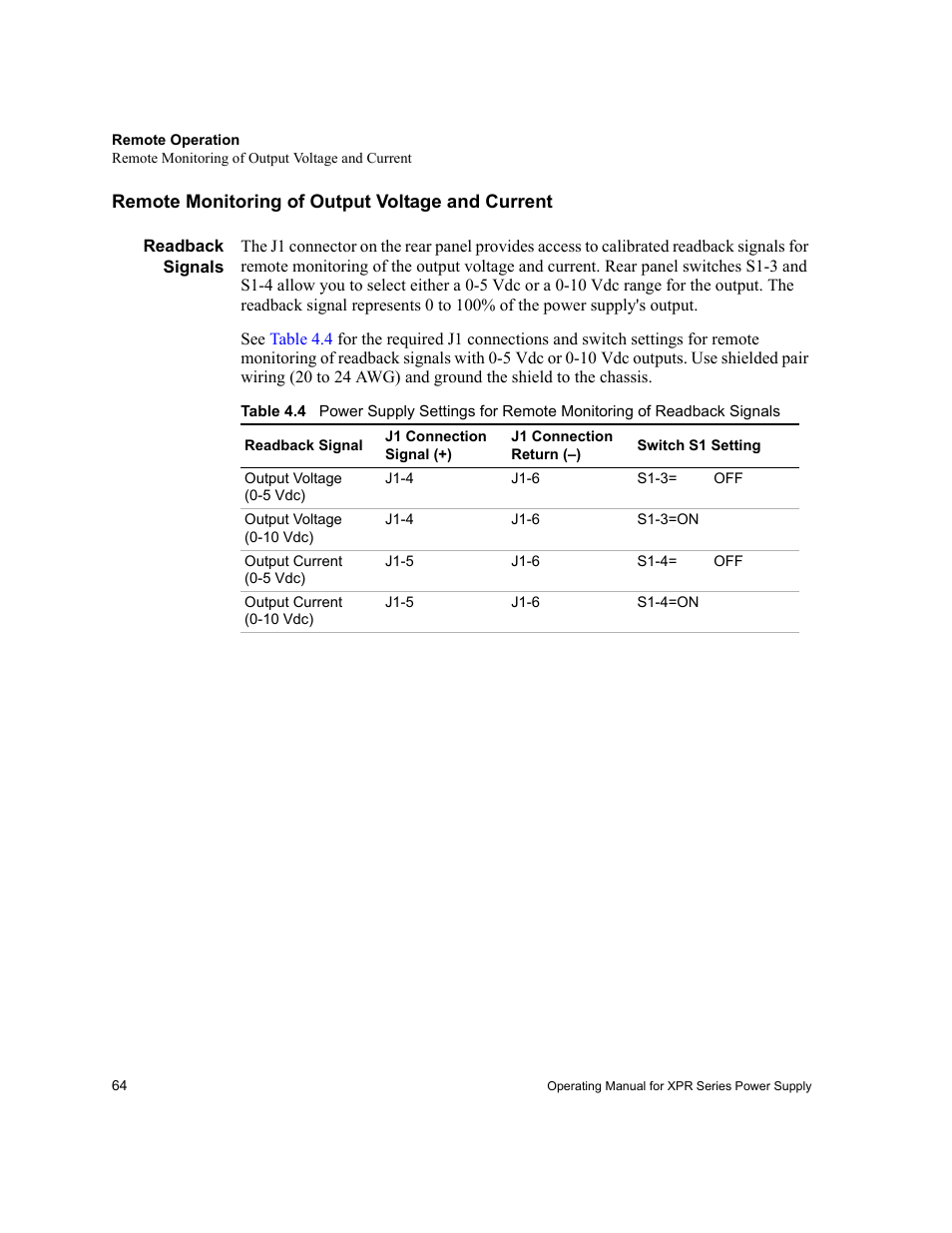 Remote monitoring of output voltage and current, Readback signals, Table 4.4 | Xantrex Technology XPR 150-40 User Manual | Page 66 / 80