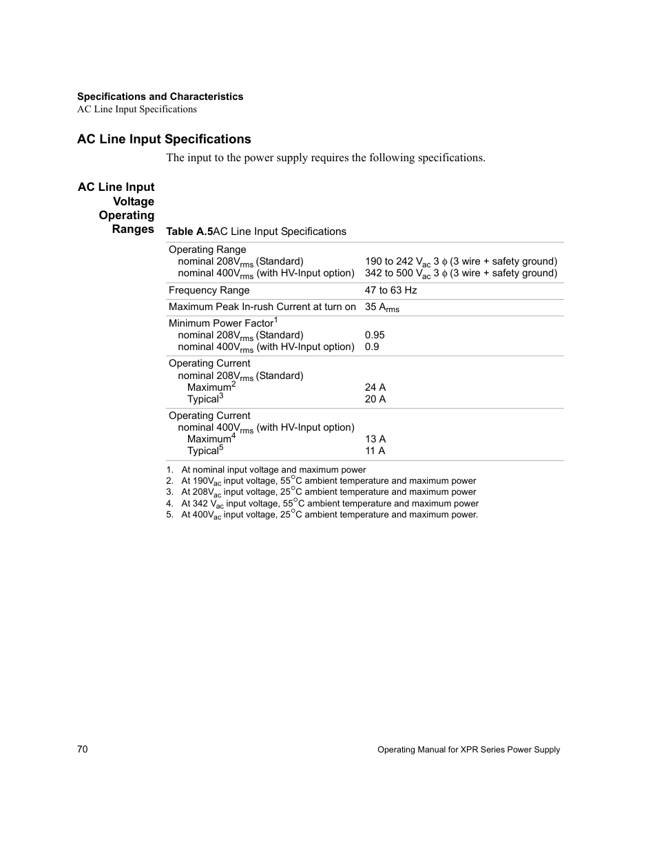Ac line input specifications, Ac line input voltage operating ranges, Table a.5 | Xantrex Technology XPR 150-40 User Manual | Page 72 / 80
