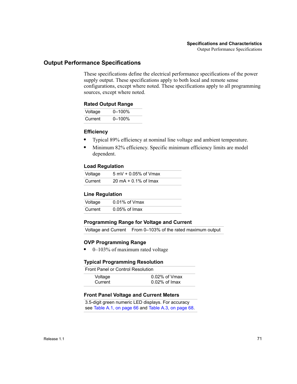 Output performance specifications, Rated output range, Efficiency | Load regulation, Line regulation, Programming range for voltage and current, Ovp programming range, Typical programming resolution, Front panel voltage and current meters | Xantrex Technology XPR 150-40 User Manual | Page 73 / 80