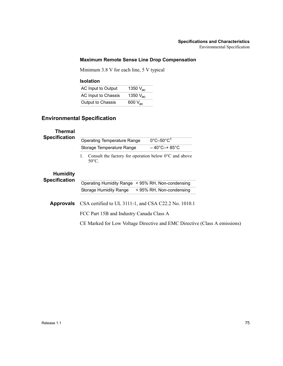 Maximum remote sense line drop compensation, Isolation, Environmental specification | Thermal specification, Humidity specification, Approvals | Xantrex Technology XPR 150-40 User Manual | Page 77 / 80