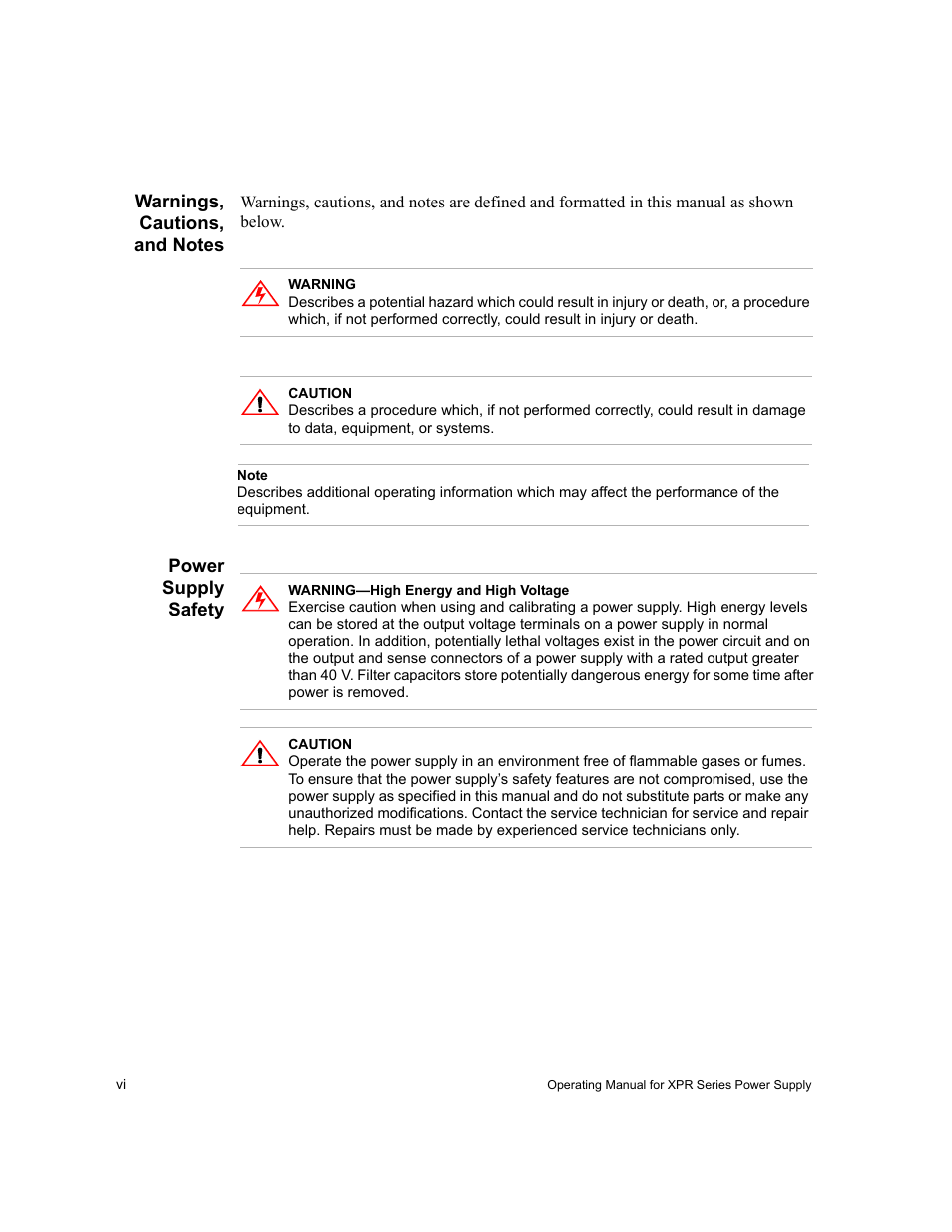 Warnings, cautions, and notes, Note, Power supply safety | Xantrex Technology XPR 150-40 User Manual | Page 8 / 80