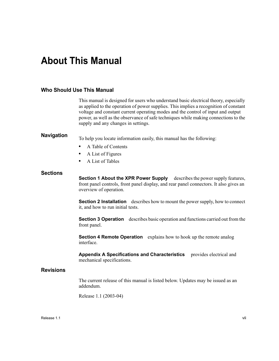 About this manual, Who should use this manual, Navigation | Sections, Section1 about the xpr power supply, Section2 installation, Section3 operation, Section4 remote operation, Appendixa specifications and characteristics, Revisions | Xantrex Technology XPR 150-40 User Manual | Page 9 / 80