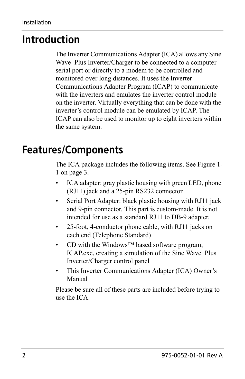 Introduction, Features/components | Xantrex Technology Inverter Communications Adapter User Manual | Page 18 / 70