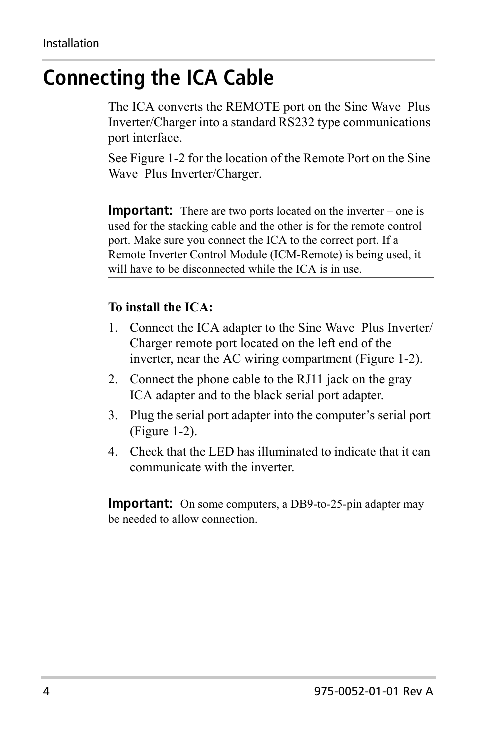 Connecting the ica cable | Xantrex Technology Inverter Communications Adapter User Manual | Page 20 / 70