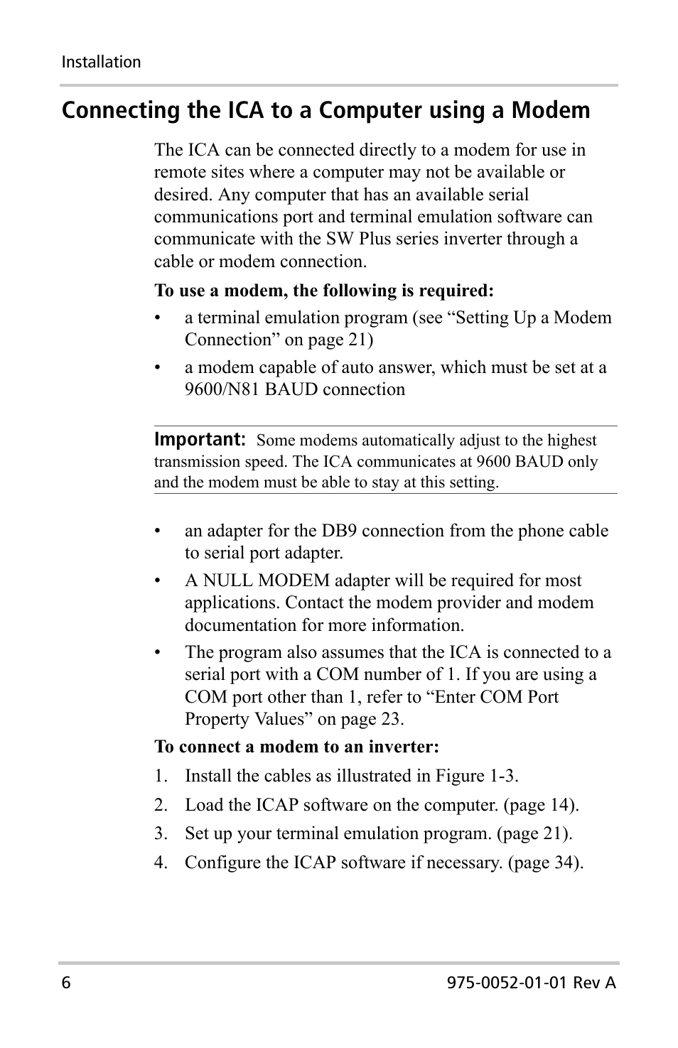 Connecting the ica to a computer using a modem | Xantrex Technology Inverter Communications Adapter User Manual | Page 22 / 70