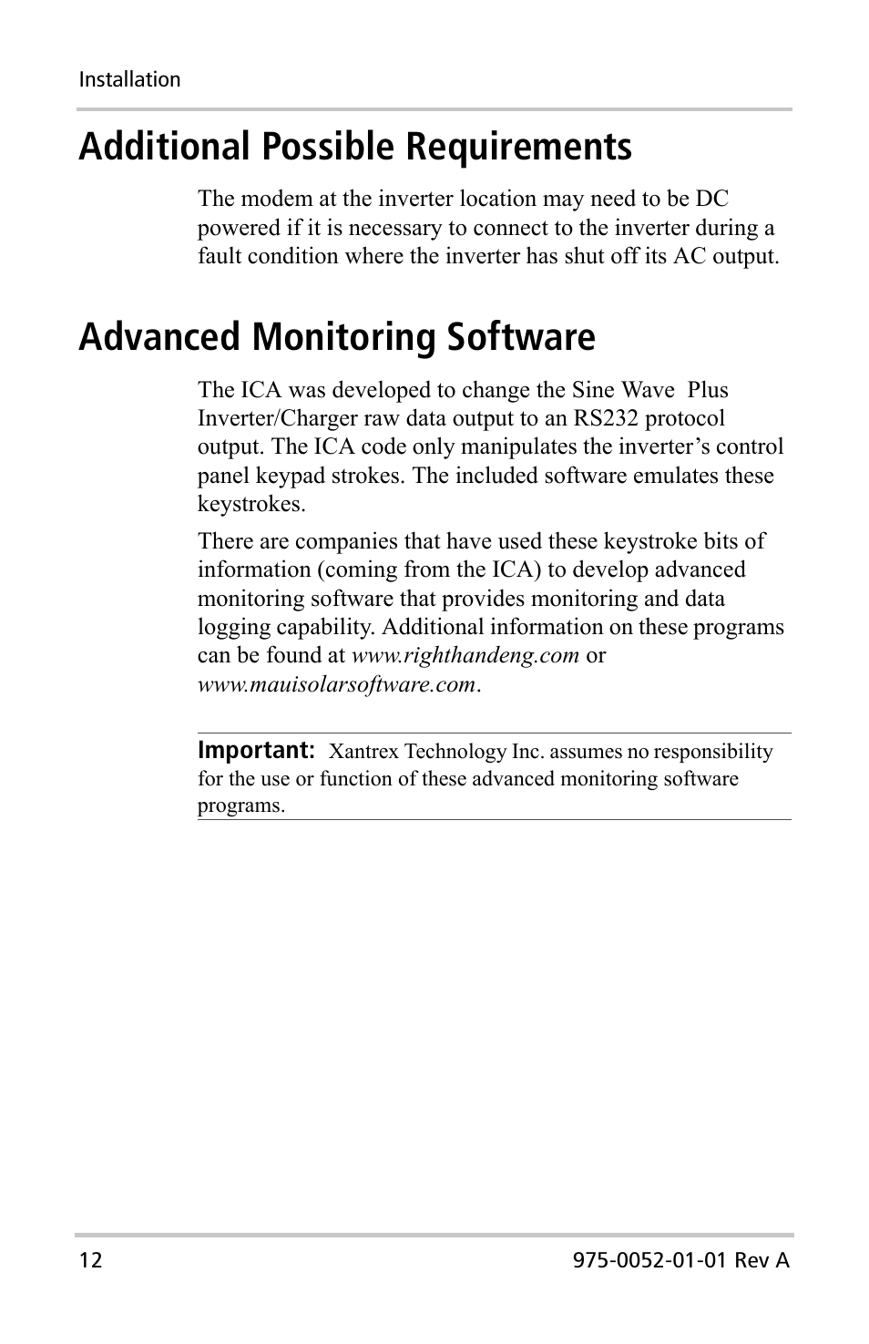 Additional possible requirements, Advanced monitoring software | Xantrex Technology Inverter Communications Adapter User Manual | Page 28 / 70