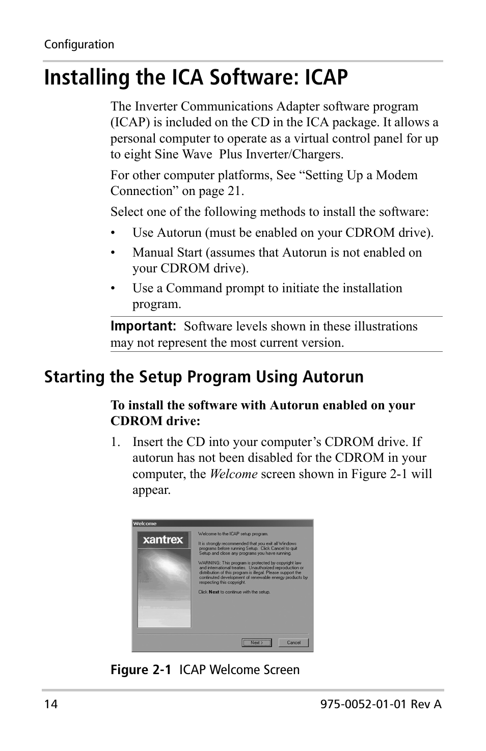 Installing the ica software: icap, Starting the setup program using autorun | Xantrex Technology Inverter Communications Adapter User Manual | Page 30 / 70
