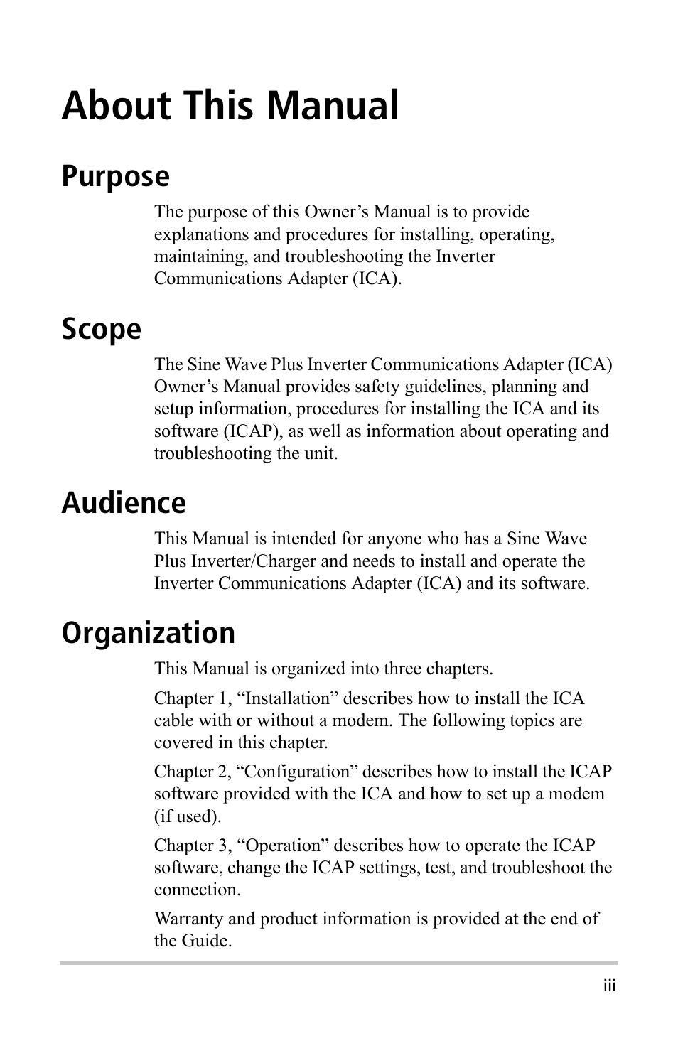 About this manual, Purpose, Scope | Audience, Organization | Xantrex Technology Inverter Communications Adapter User Manual | Page 5 / 70