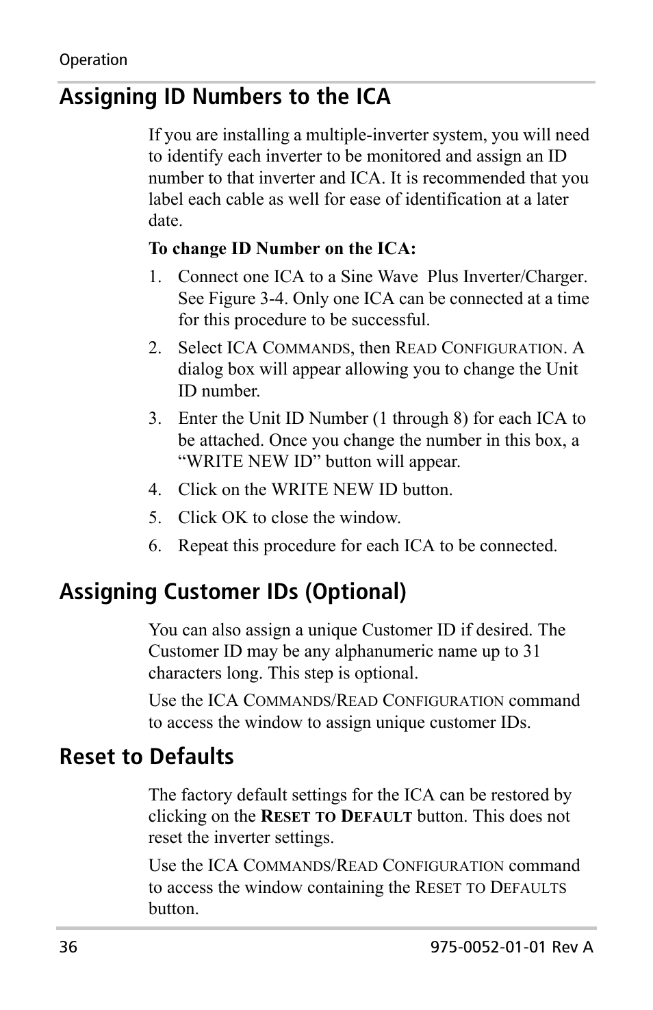 Assigning id numbers to the ica, Assigning customer ids (optional), Reset to defaults | Xantrex Technology Inverter Communications Adapter User Manual | Page 52 / 70
