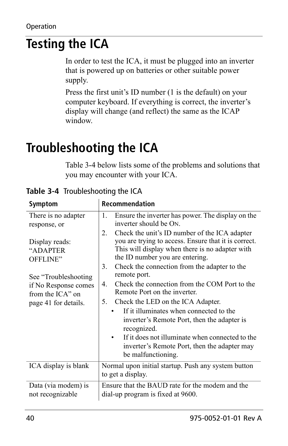 Testing the ica, Troubleshooting the ica | Xantrex Technology Inverter Communications Adapter User Manual | Page 56 / 70