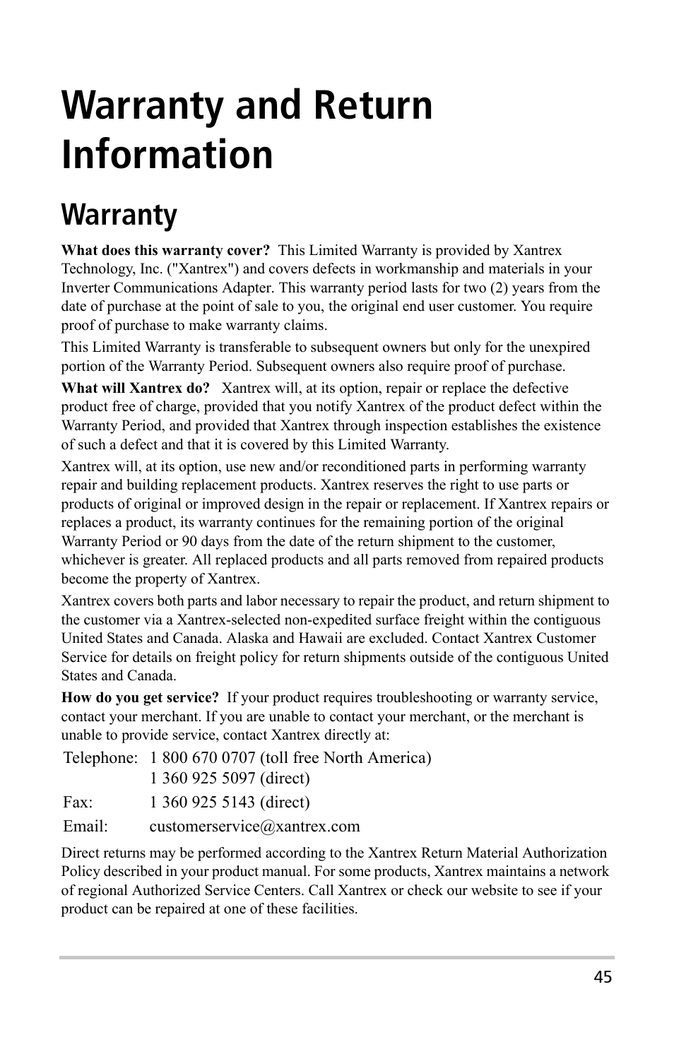 Warranty and return information, Warranty | Xantrex Technology Inverter Communications Adapter User Manual | Page 61 / 70