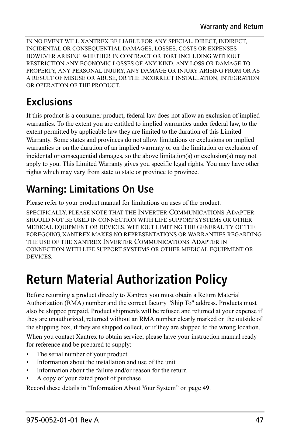 Return material authorization policy, Exclusions, Warning: limitations on use | Xantrex Technology Inverter Communications Adapter User Manual | Page 63 / 70