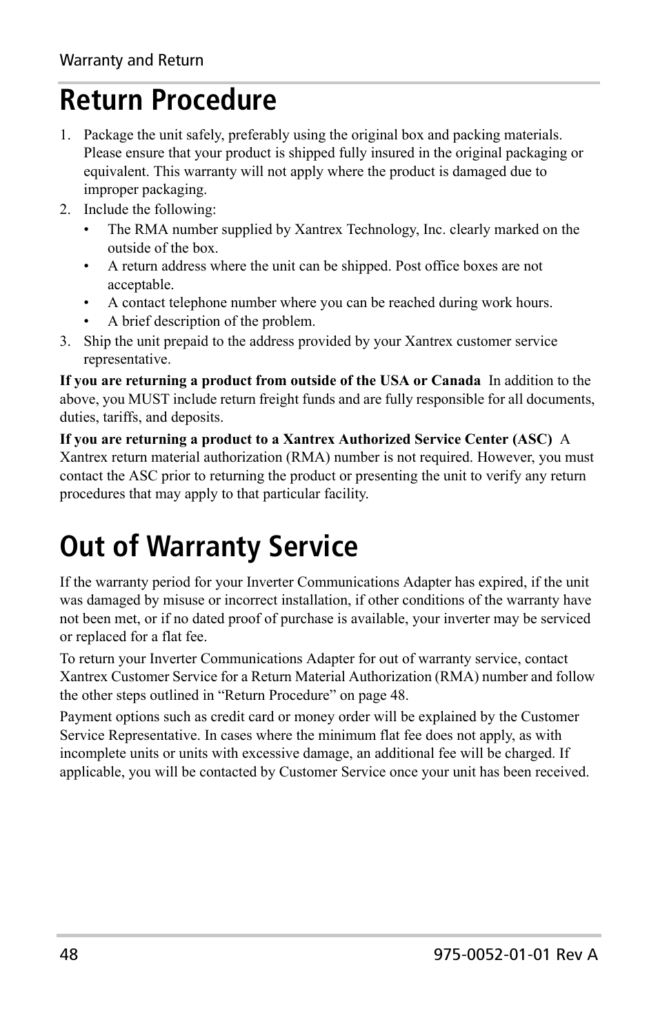 Return procedure, Out of warranty service | Xantrex Technology Inverter Communications Adapter User Manual | Page 64 / 70