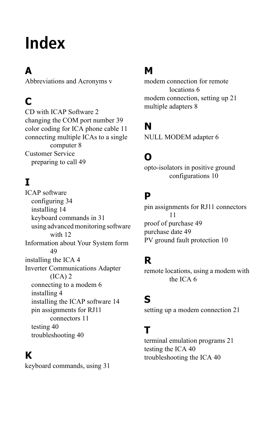 Index | Xantrex Technology Inverter Communications Adapter User Manual | Page 67 / 70