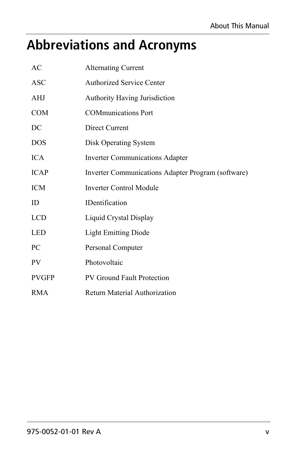 Abbreviations and acronyms | Xantrex Technology Inverter Communications Adapter User Manual | Page 7 / 70