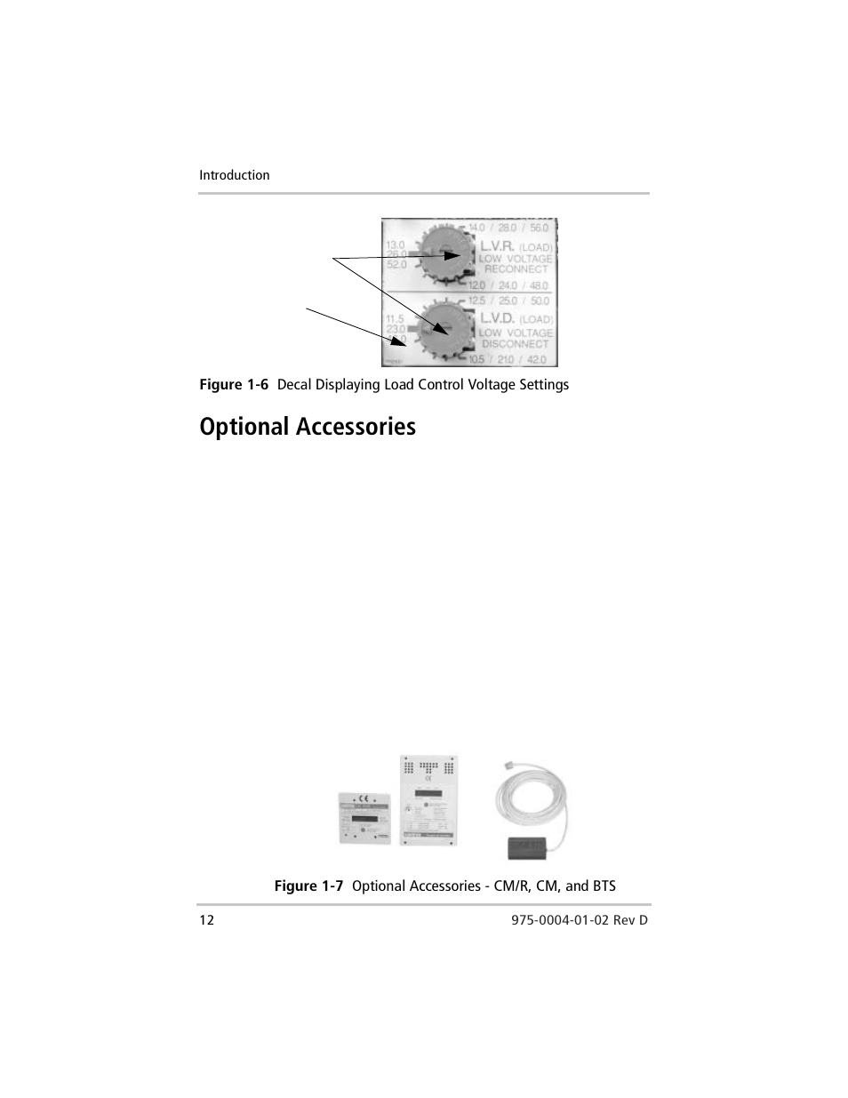 Optional accessories, Figure 1-6, Decal displaying load control voltage settings | Figure 1-7, Optional accessories - cm/r, cm, and bts | Xantrex Technology C40 User Manual | Page 32 / 114