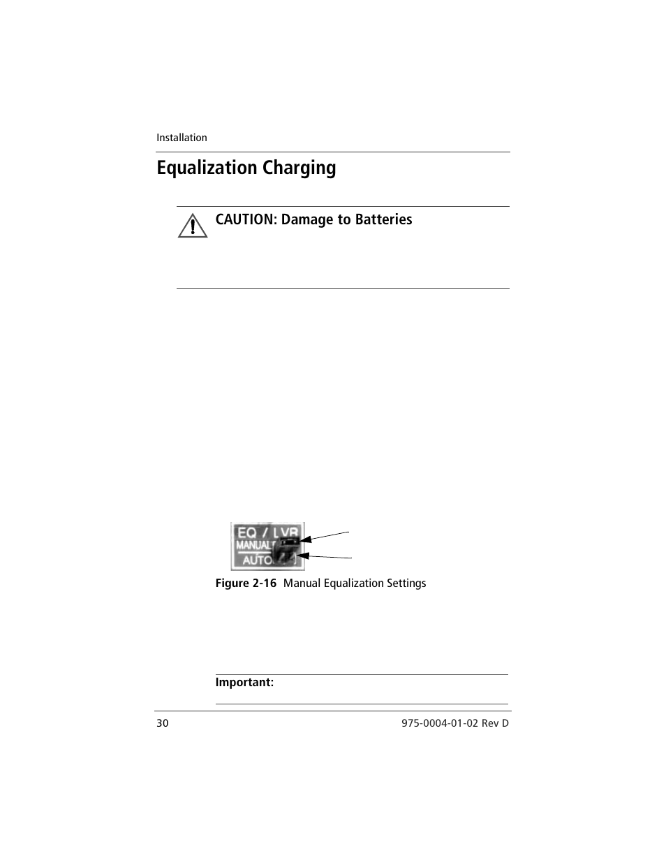 Equalization charging, Figure 2-16 manual equalization settings, Caution: damage to batteries | Xantrex Technology C40 User Manual | Page 50 / 114