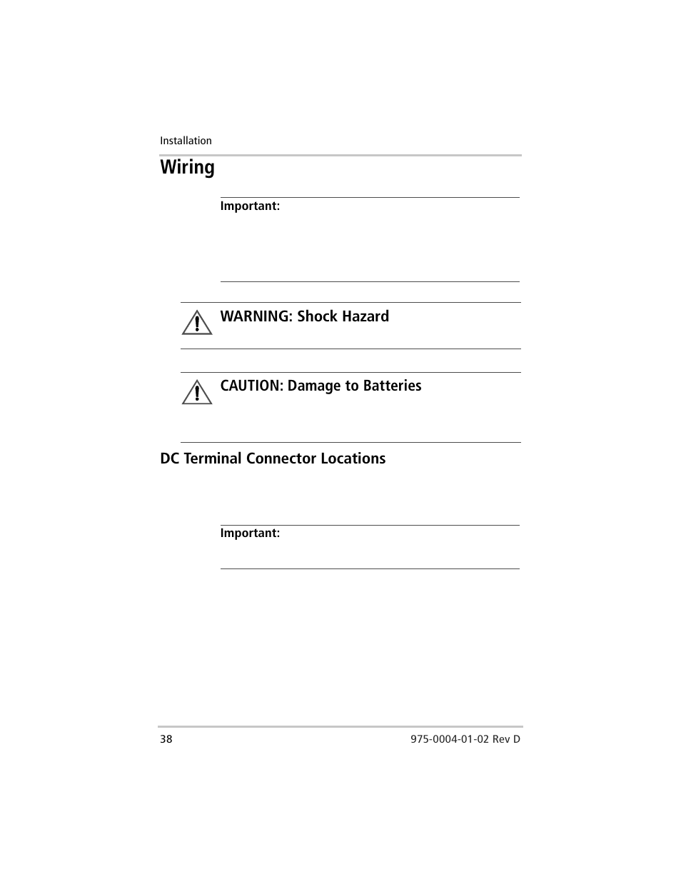 Wiring, Dc terminal connector locations, Warning: shock hazard | Caution: damage to batteries | Xantrex Technology C40 User Manual | Page 58 / 114