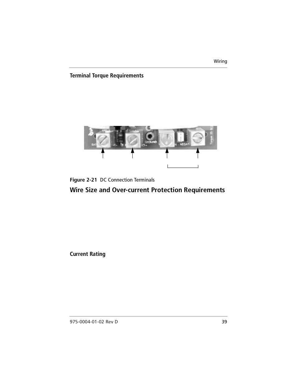 Terminal torque requirements, Wire size and over-current protection requirements, Currentrating | Current rating, Figure 2-21 dc connection terminals | Xantrex Technology C40 User Manual | Page 59 / 114