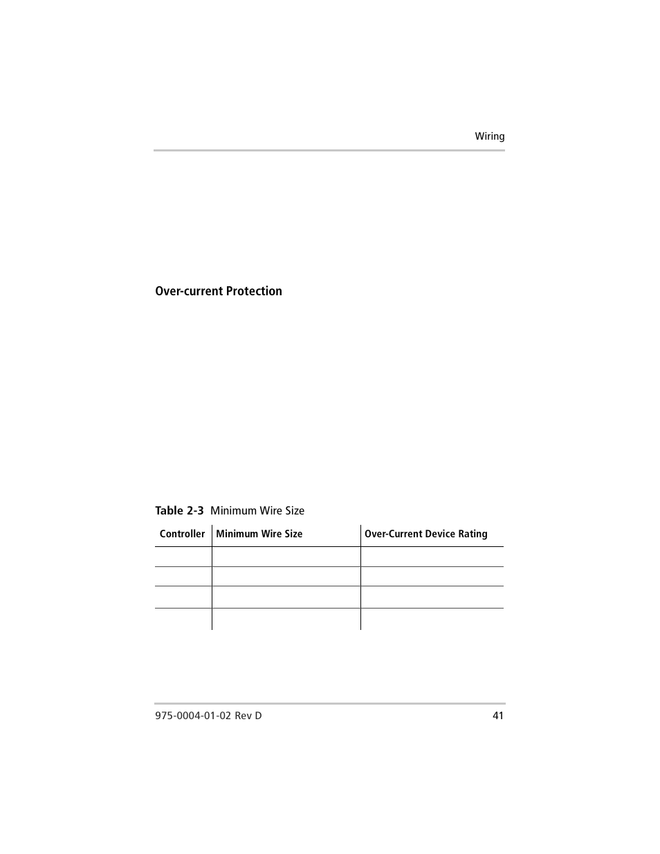 Over-currentprotection, Over-current protection, Table 2-3 | Minimum wire size | Xantrex Technology C40 User Manual | Page 61 / 114