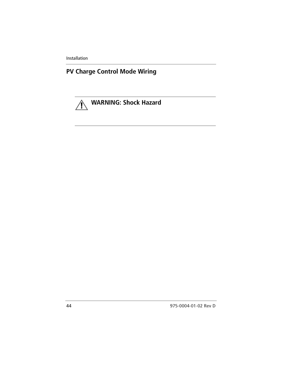 Pv charge control mode wiring, Warning: shock hazard | Xantrex Technology C40 User Manual | Page 64 / 114