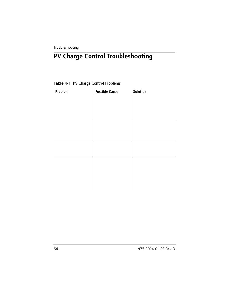 Pv charge control troubleshooting, Table 4-1, Pv charge control problems | Xantrex Technology C40 User Manual | Page 84 / 114